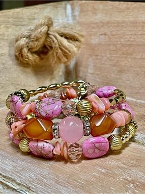 Pink, Blush, & Gold Multi-Strand Beaded Twist Bracelet